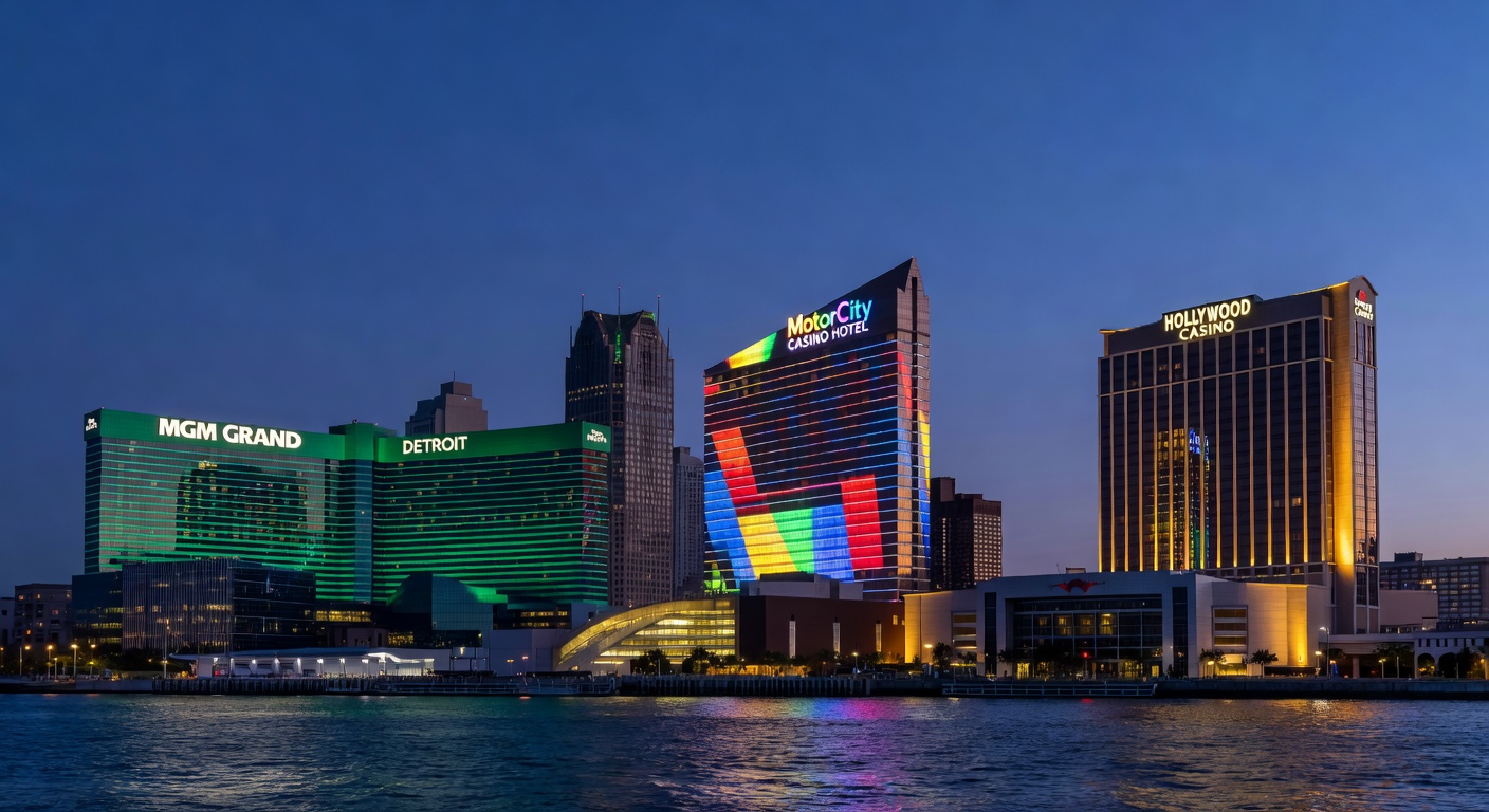 Interior shot of bustling slot machines and table games at a Detroit casino, with patrons engaged in play amid colorful lights and sounds