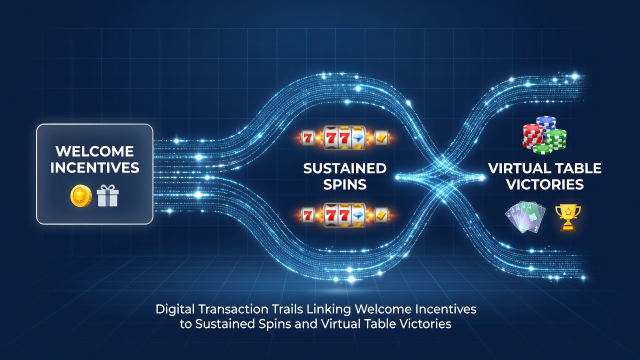 Digital transaction trails showing welcome incentives connected to ongoing slot spins and virtual table game activity on mobile screens