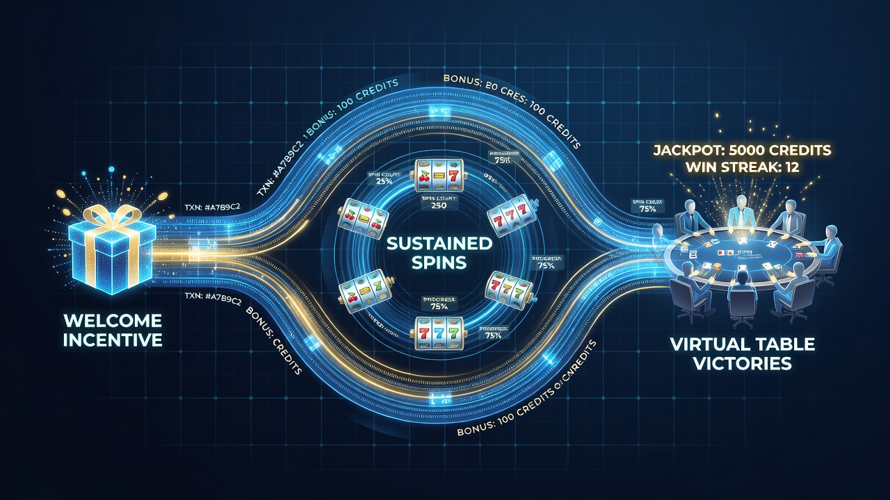 Analytics dashboard displaying transaction pathways from welcome bonuses through sustained spins to virtual table game wins