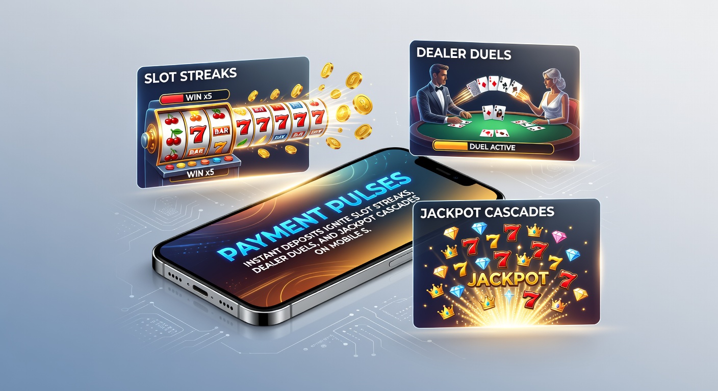 Dynamic illustration of a jackpot cascade on a mobile slot interface with instant payment pulse animation and live dealer table in the background