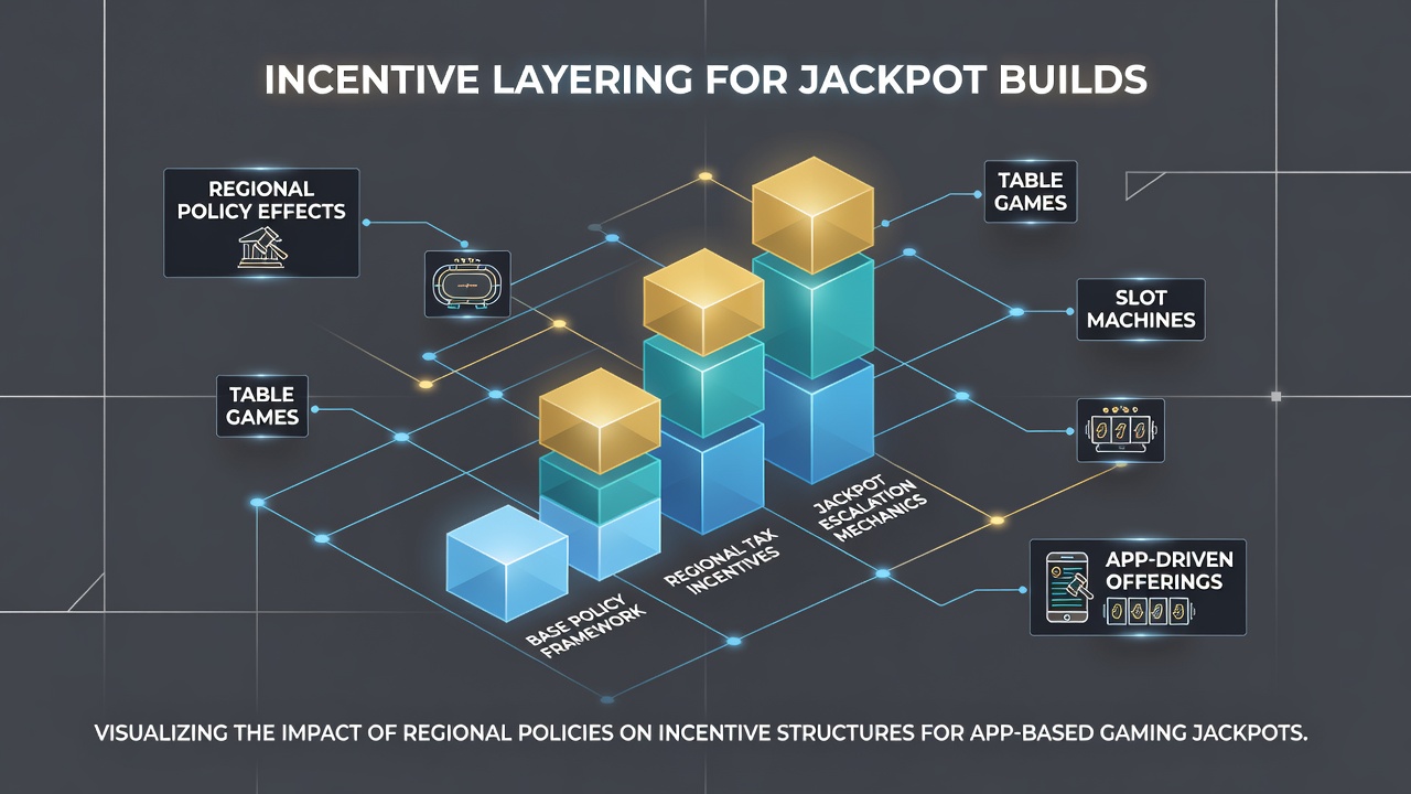 Mobile app interfaces showing layered bonuses and progressive jackpot meters under varying regional policies