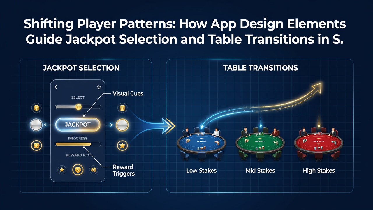 Detailed view of app design features including transition buttons and notification prompts guiding players from jackpots to table games