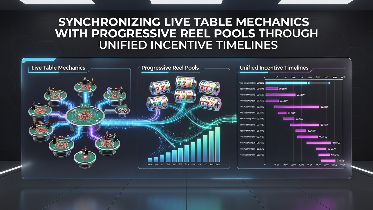 Illustration of unified incentive timelines connecting live dealer tables and progressive slot pools