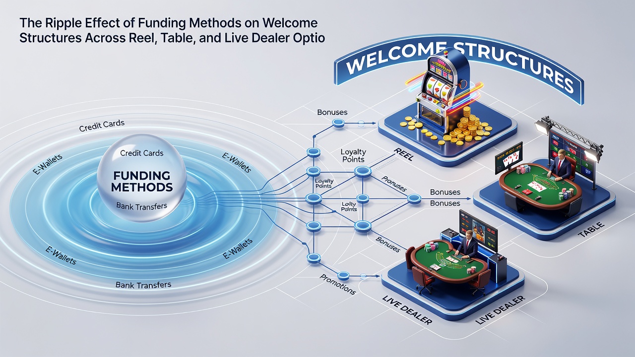 Split view of mobile screen showing slot reels, card table, and live dealer stream with overlaid funding icons