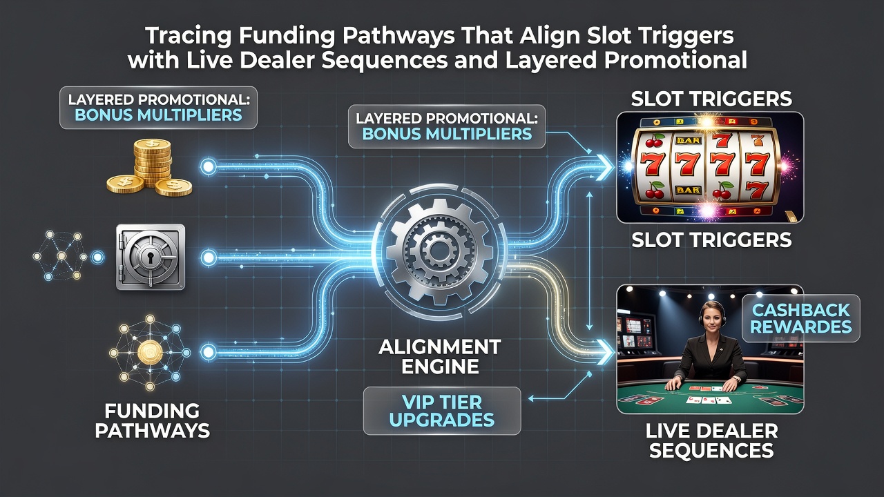 Flow diagram of funding pathways linking deposits to slot bonuses, live dealer rounds, and chained promotions on mobile